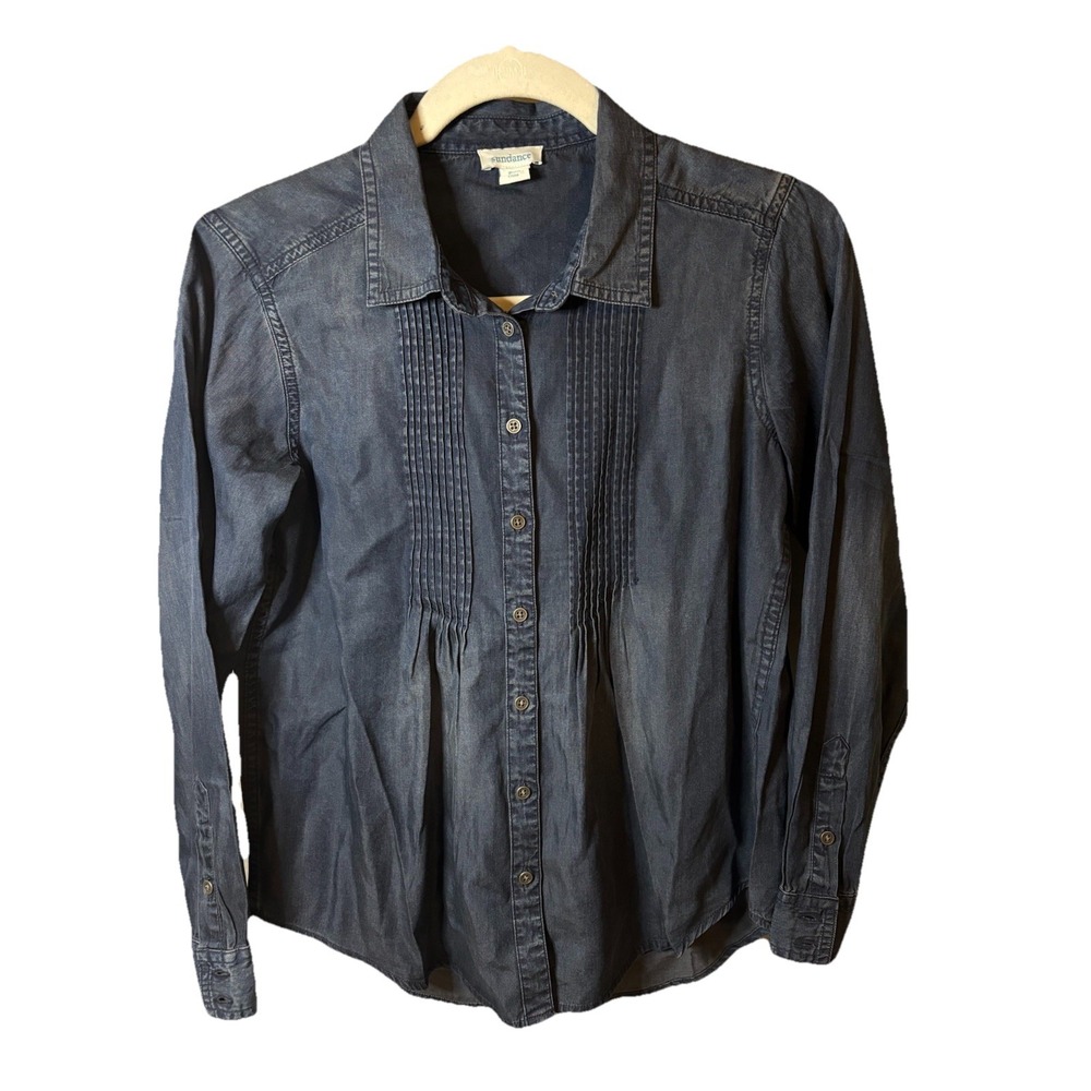 Sundance Womens Pintuck Button Up Blouse Size PXS Blue Chambray Peplum Festival